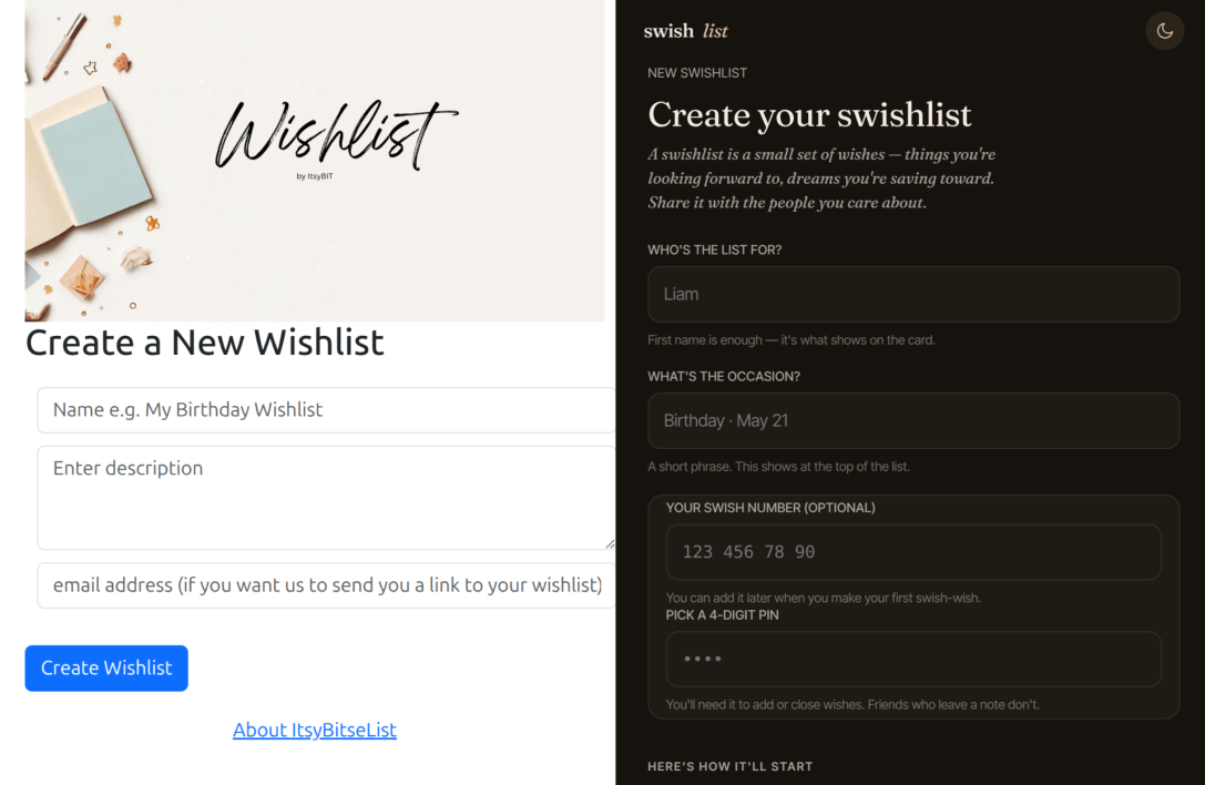 A screenshot of wishlist app vs the swishlist app